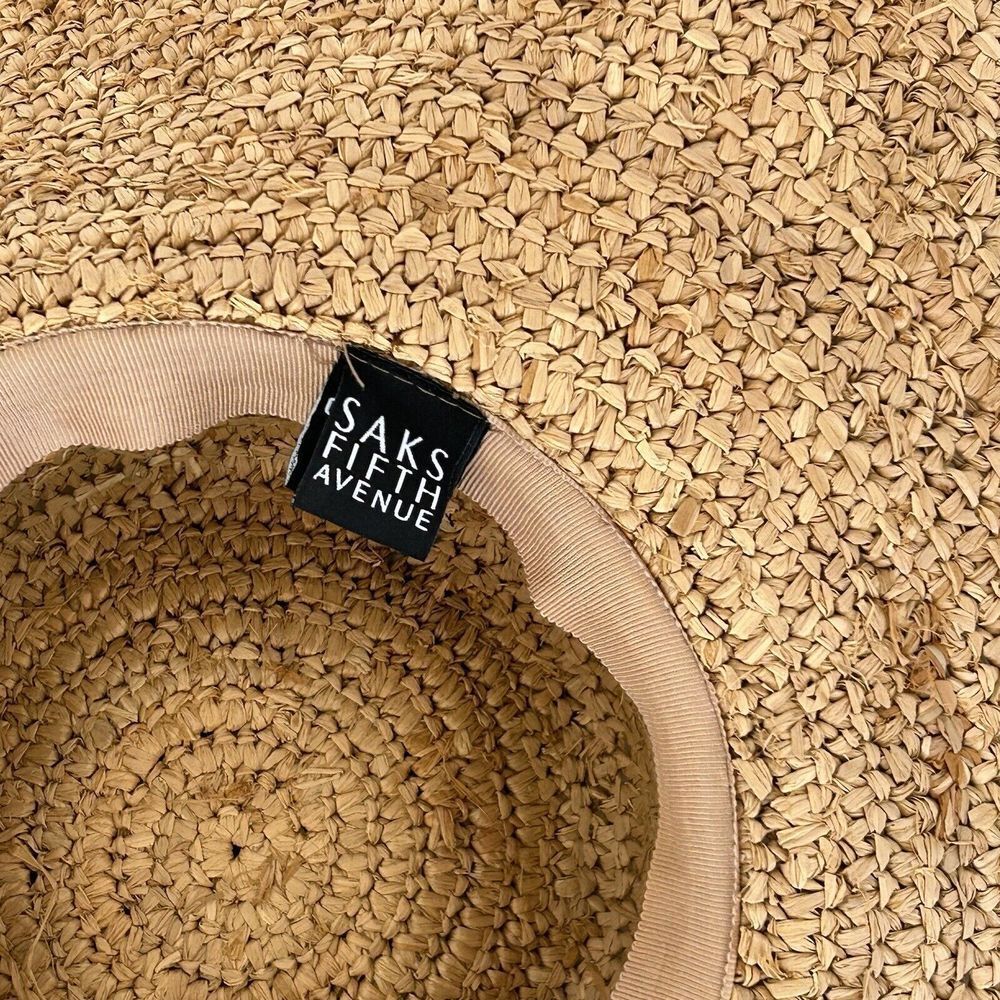Saks Fifth Avenue Straw Hat Floral Trim Wide Brim Sun Beach Coastal Resort - Picture 3 of 5